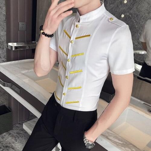 British Style Summer Short Sleeve Shirt Men Fashion 2020 Stand Collar Slim Fit Mens Casual Shirts Night Club Work Shirt Man 5XL