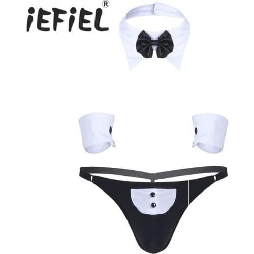 Newest Mens Lingerie Bow Butler Waiter Lingerie Suit Open Back Tuxedo G-string Thong Underwear with Bow Tie Collar and Bracelets
