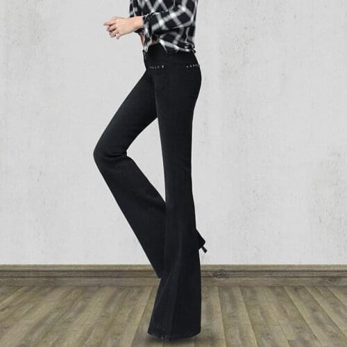 New Brand Womens Jeans Vintage Solid Denim Wide Leg Trousers Female Elegant Slim Fit Black Flare Pants Plus Size 25-32