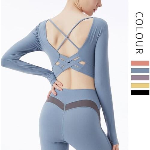 New Womens Long Sleeve Sports Top Quick-Drying Yoga Shirt Gym Workout Running Open Back Sexy Built-in Chest Pad Fitness Clothes