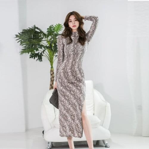 Autumn Elegant Korean Office Dress Women Turtleneck Long Sleeve Wrap Dress Ladies Slim Snake Print Long Dresses Woman Vestidos