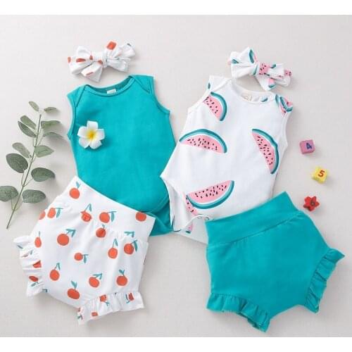 0-3Y Newborn Baby Boy Girl Clothes Sets Watermelon Print Sleeveless Bodysuit Tops Shorts Pant Bloomers Headband 3PCS