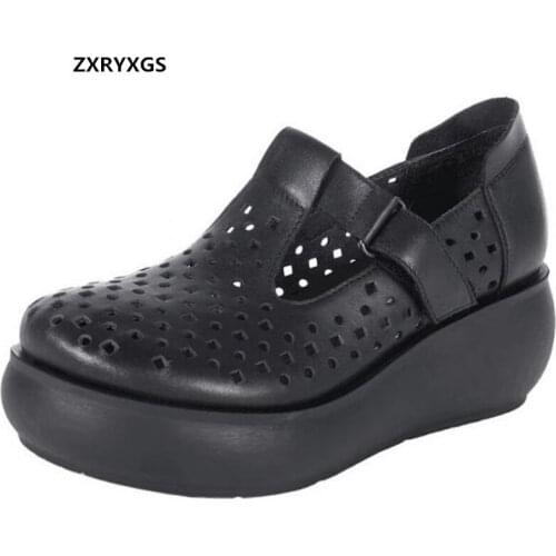 2021 New Spring Summer High-quality Pu Hollow Womens Leather Shoes Breathable Sandals Platform Wedges High Heels Casual Shoes