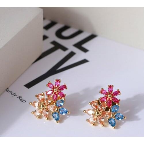 Niche design small fresh style irregular flowers red and blue shiny earrings earrings temperament simple lady