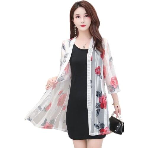 Middle-aged Mothers Printed Shawl Coat 2021 Womens Net Yarn Large size All-match Outer Cardigan Womens Sun Protection TopsC981
