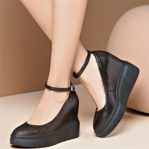 Women Genuine Leather Wedges High Heel Mary Janes Female Ankle Cross Strap Round Toe Chunky Platform Pumps Shoes Casual Shoes