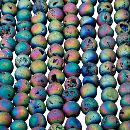 TUMBEELLUWA Titanium Coated Drusy Druzy Quartz Agate 8mm Round Beads for Jewelry Making 15" Strand