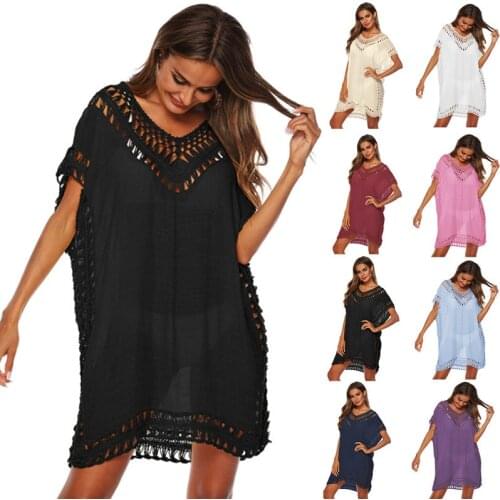 Summer Tunic for The Beach Cover Up Woman Large Size Black Dress Bath Outlet Crochet Blouse White Polyester Female 2021 Sundress