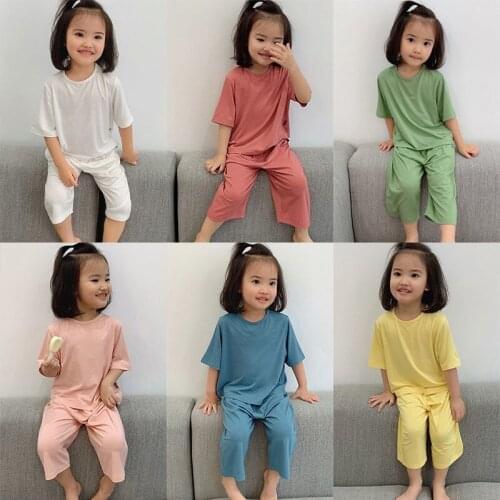 Solid Color 2PCS Baby Pajamas For Boys Girls Baby Clothes Set Summer Modal Unisex Pyjamas Sets Pink 1-6 Years Kids Clothing Sets
