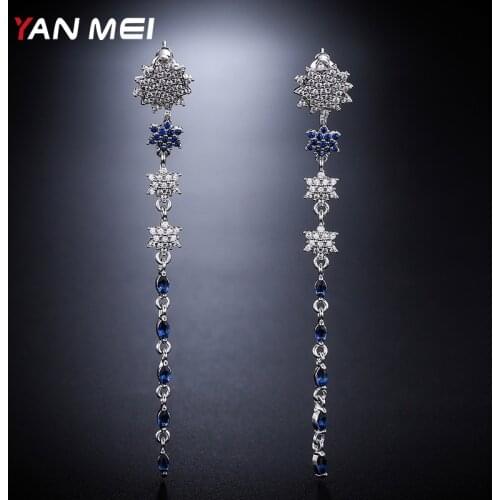 YANMEI Rhinestone Sun Flower Dangle Earrings For Women CZ Elegant Stars Earring Long Tassel Jewelry YM8095