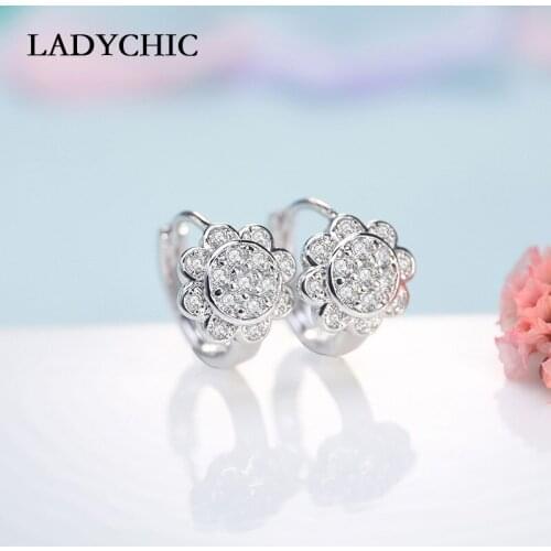 LADYCHIC High Quality Sunflower Silver Color Stud Earrings Paved with AAA Grade Zircon Ladies Earring Jewelry Gift LE1020