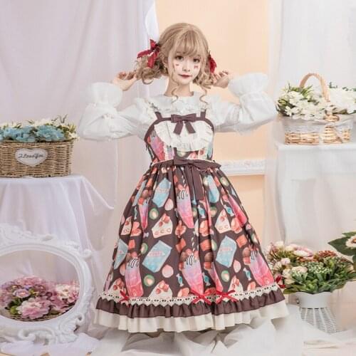 Sweet Dessert Womens 2Pcs Set: Lolita JSK Dress + Long/Short Sleeve White Shirt Sleeveless Dress Cute Bows Trim Dress One Piece