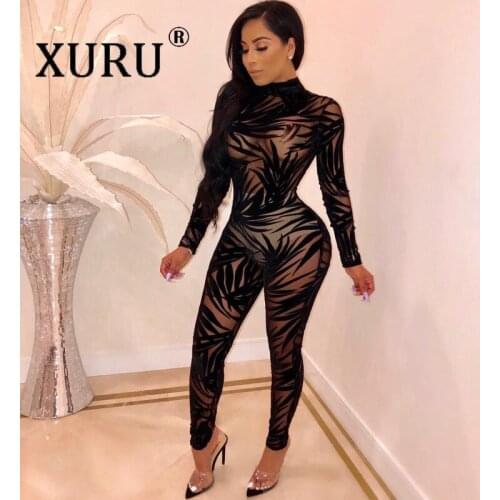 XURU European and American New Style Womens Long-sleeved Jumpsuit Mesh Sexy Nightclub Jumpsuit