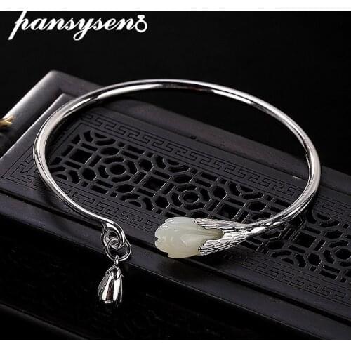 PANSYSEN Flower Design Vintage Natural Jade 990 Sterling Silver Bangle Bracelets for Women Anniversary Fine Jewelry Bangles Gift