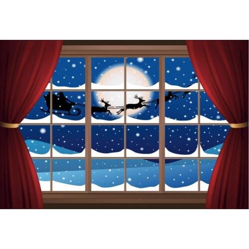 Winter Christmas Backdrop Window Flying Sleigh Vinyl Photography Background Xmas New Year Party Decor Photo Booth Studio Props