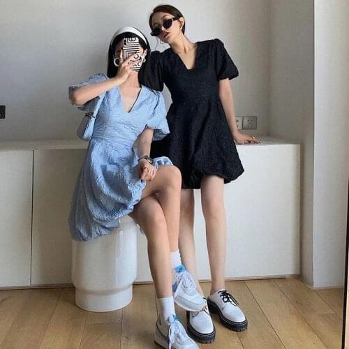 2021 Summer V-Neck Puff Sleeve Mini Dress Vintage New Women French Vestidos Casual Street Lady Princess Party Dress
