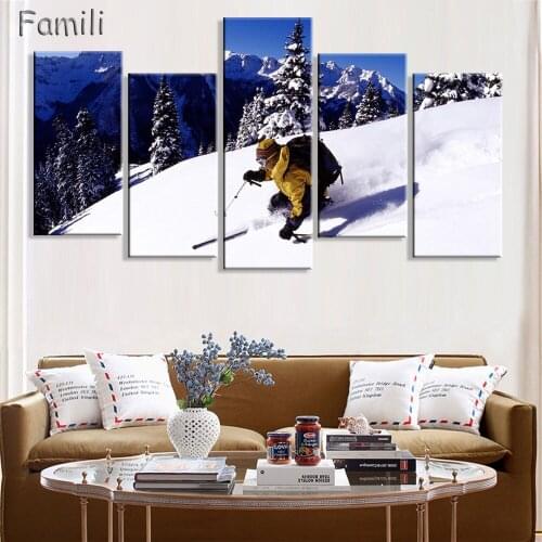 5Pcs/Set Winter Sports Skiing Ski Silk Home Decorative Painting Canvas Posters Mountain Ski Jump Landscape Tourism Extreme Sport