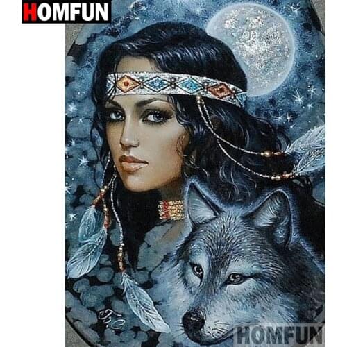 HOMFUN 5D DIY Diamond Painting Full Square/Round Drill "Woman wolf" 3D Embroidery Cross Stitch gift Home Decor A01123
