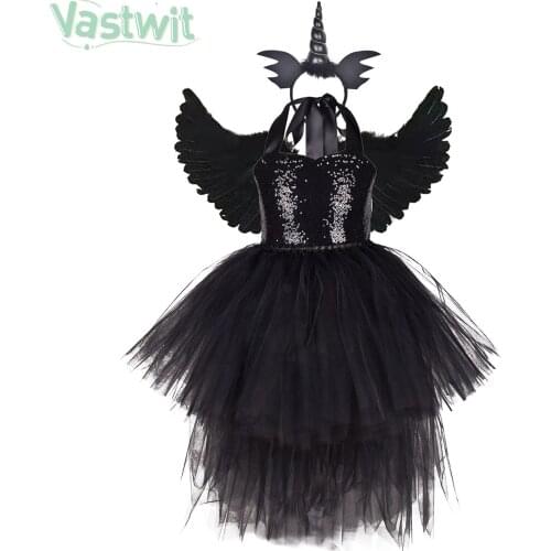 Kid Girls Black Vampire Witch Costume Sequins Halter Mesh Tutu Dress Angel Wing Horns Halloween Devil Carnival Cosplay Dress Up
