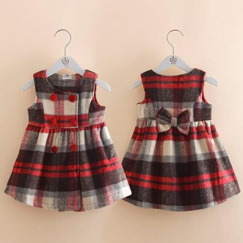 New Baby Kids Checked Vest Dresses Fall Winter Girls Casual Plaid Woolen Dress Children Bow Spliced Double Breasted Dress P310