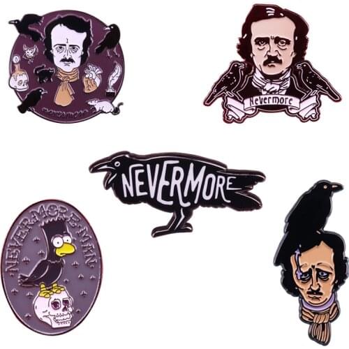 Edgar Allan Poe enamel pin Nevermore The Raven Brooch Gothic Creepy Odd Halloween Horror Jewelry