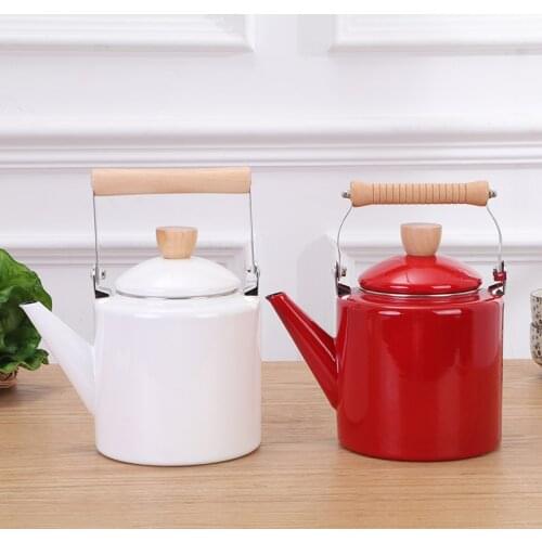 Enamel kettle, teapot, milk teapot. White flowers, wooden handle, Korean style