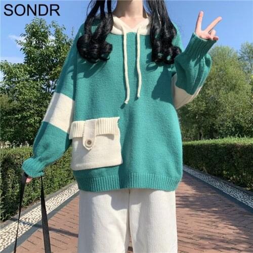 Kawaii Cute Girls Knitting Sweater 2020 Autumn Lazy Style Long Sleeve Hooded Tops Korean Loose Coat Ladies Knit Pullover Sweater