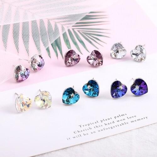Classic Heart Stud Earrings Crystals From Swarovski-Elements Silver Color Piercing For Women Chic Gift Colorful Beads Jewelry