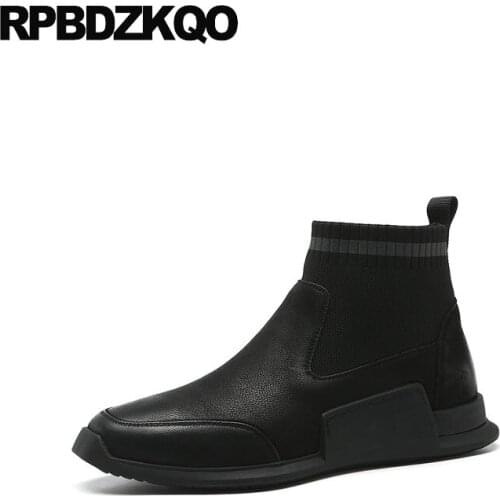 Ankle winter slip on sneakers boots men casual shoes patchwork high top full grain leather quality trainer faux fur genuine