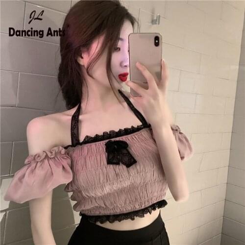 Camis For Women Spaghetti Strap Tank Top Short Puff Sleeve Slash-neck Woman Halter Tops Female Sexy Lace tshirts