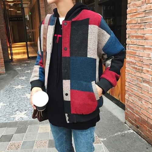 New Autumn Men Plaid Bomber Jackets High Street Windbreaker Hit Color Japan Style Streetwear Plus Size Baseball Coat