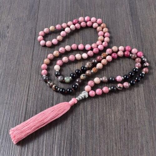 Natural stone Rhodonite Hand Knotted 108 Japamala necklace cotton Tassel Necklace yoga jewelry Dropshipping Handmade