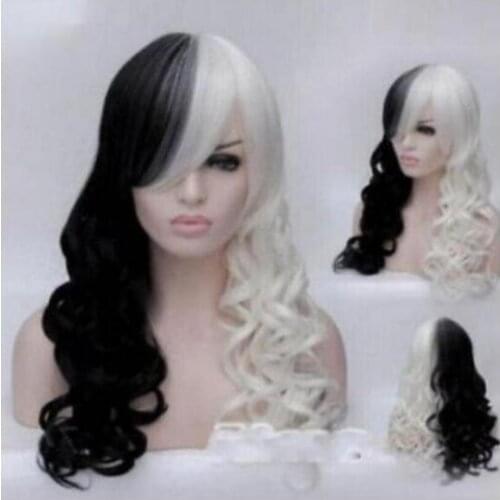 New fashion Women Cruella Deville Cosplay wig Black White Synthetic Long Cur