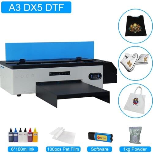 A3 DTF Printer DX5 Printhead 8 ColorsT-Shirt Printing Machine with RIP Software+ DTF Ink + Powder+ PET Film For Direct Transfer