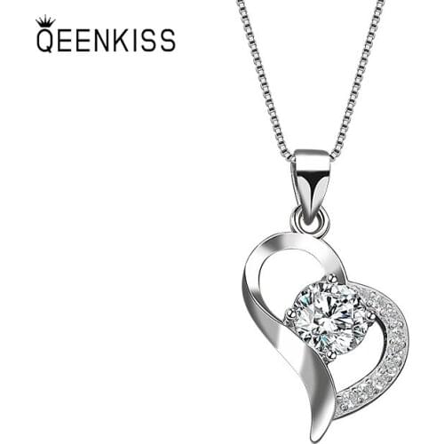 QUEENKISS NC675 2021 Fine Jewelry Wholesale Fashion Lady Girl Birthday Wedding Gift AAA Zircon 18KT White Gold Pendant Necklace
