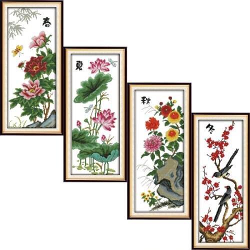 Joy Sunday Four Seasons Scenery Canvas DMC 11CT 14CT Counted Chinese Cross Stitch Kits Printed Embroidery Needlework Home Decor