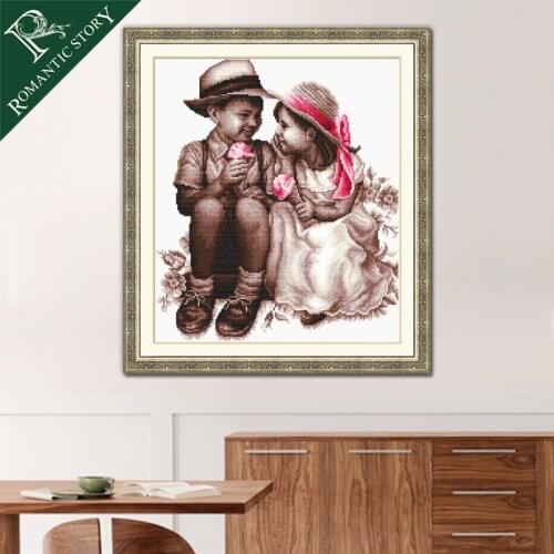Romantic Story Sweet Little Friend Portrait Painting Home Decoration Cross Stitch Needlework DMC Cross-Stitch Embroidery Kits