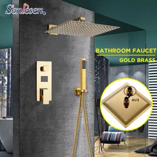 Senlesen Gold Stainless Steel Shower Faucet Set W/ ABS Hand Shower Single Handle Dual Control Bathroom Cold and Hot Mixer Tap