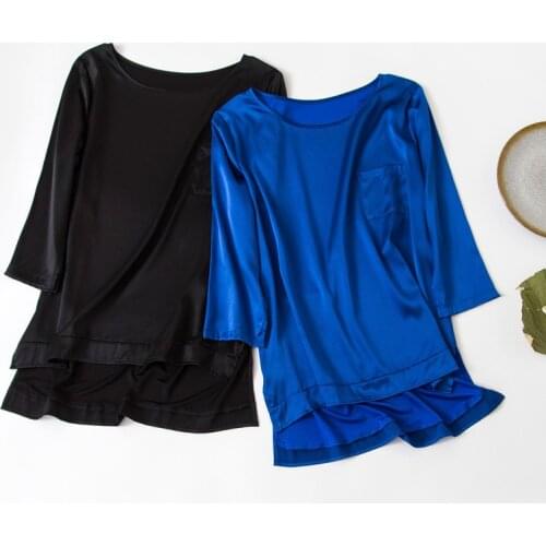 Stain Silk Women Tee Shirt Mediumi Sleeve Vintage Blouse Summer Loose Pocket Shirts Breathable