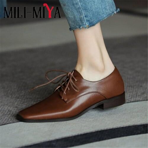 MILI-MIYA Fashion Square Toe Lace Up Women Genuine Leather Pumps Low Thick Heels Office Career Shoes Solid Color Handmade