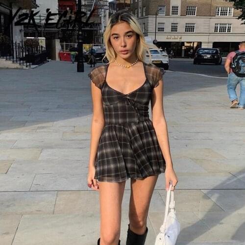 Y2K EGIRL E-girl Aesthetics Plaid Print Mesh Black Dresses Y2K Fashion Square Neck Short Sleeve Mini Dress Double Layer A-Line