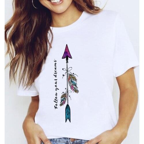 Women Graphic Cartoon Feather Arrow Vintage Short Sleeve Summer Spring Lady Clothes Tops Tees Print Female Tshirt T-Shirt