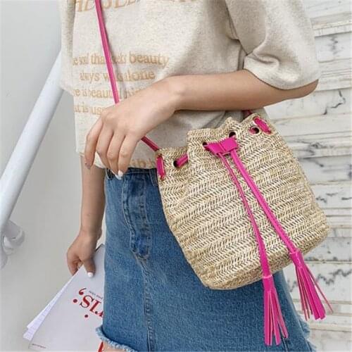 Drawstring Womens Straw Bucket Bag Summer Woven Shoulder Bags Shopping Purse Beach Handbag Straw Handbags Travel Bag
