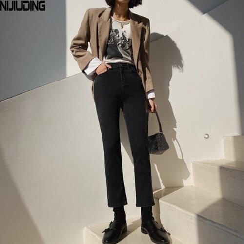 Women White OL Ankle-Length Straight Jeans 2021 Spring Summer High Waist Elastic Elegant Denim Pants Mujer Pantalon New Fashion