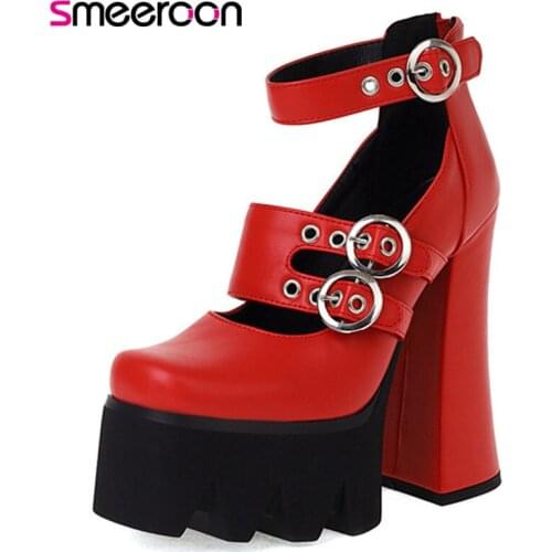 Smeeroon 2021 Hot Sale Gladiator Shoes Women Pumps Square Toe Fashion Sexy Casual Punk Shoes High Heels Platform Shoes Woman
