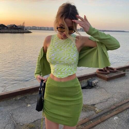 Wave Print Cute Y2k Crop Top 2021 Women New Summer Green Tank Tops Holiday Clothes Sleeveless Slim Skinny Basic Vest Streetwear