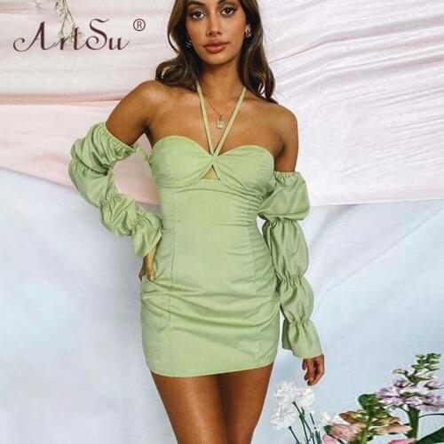 ArtSu Green Autumn Halter Lace Up Mini Dress Lantern Sleeve Bodycon Women Party Dresses 2021 Sexy Vestidos Mujer