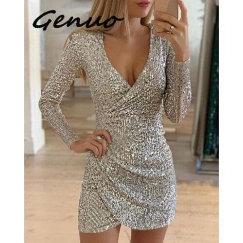 Genuo Women Sequined Shining Sparkly Long Sleeve Plunge V-neck Draped Vestido Dress Elegant Spring Fall Night Out Party Dress