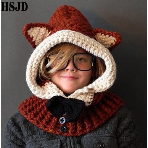 Winter Boy Hat Bonnet Cute Fox Cloak Beanie Knitted Hats Children Funny Cartoon Animal Handmade Knit Ear Cap Kids Gift Christmas