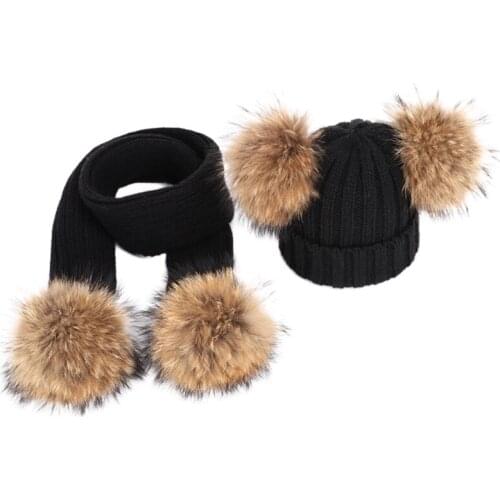 2pcs Women Men Slouchy Beanie Hat Long Scarf Set Winter Warm Fake Ball Dual Pom Pom Caps Neck Scarves